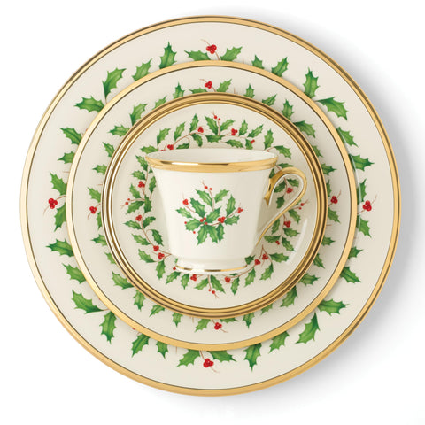 Lenox Holiday salad plate showcasing holly berries and green leaves for seasonal tables.