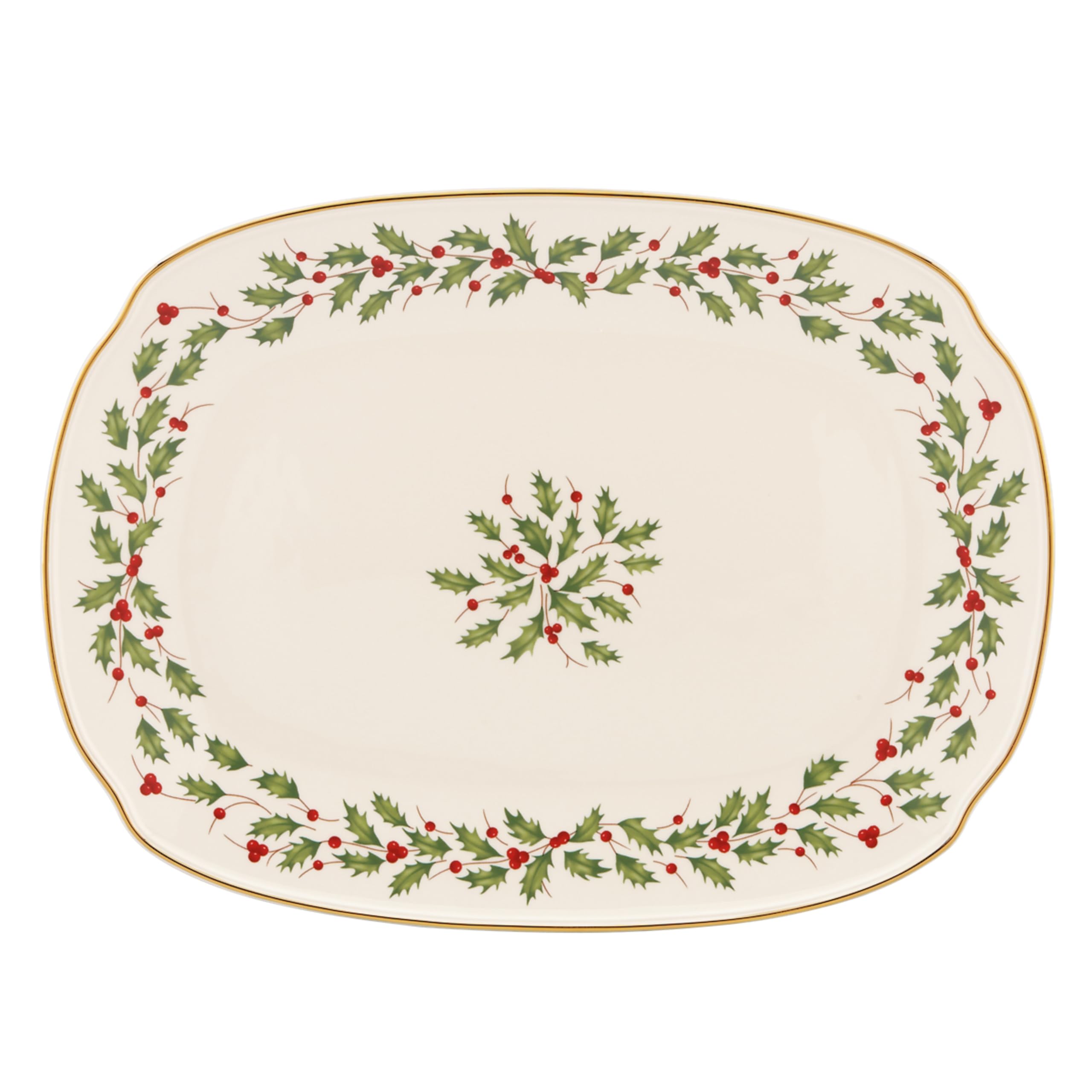 Lenox holiday serving platter in oval shape with 24-karat gold accents for festive gatherings.