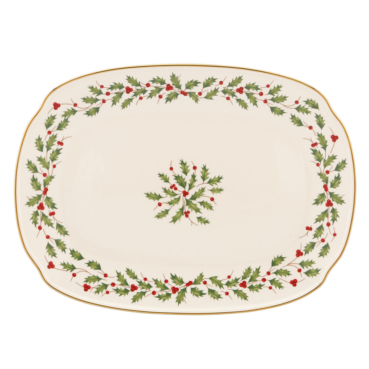 Lenox holiday serving platter in oval shape with 24-karat gold accents for festive gatherings.