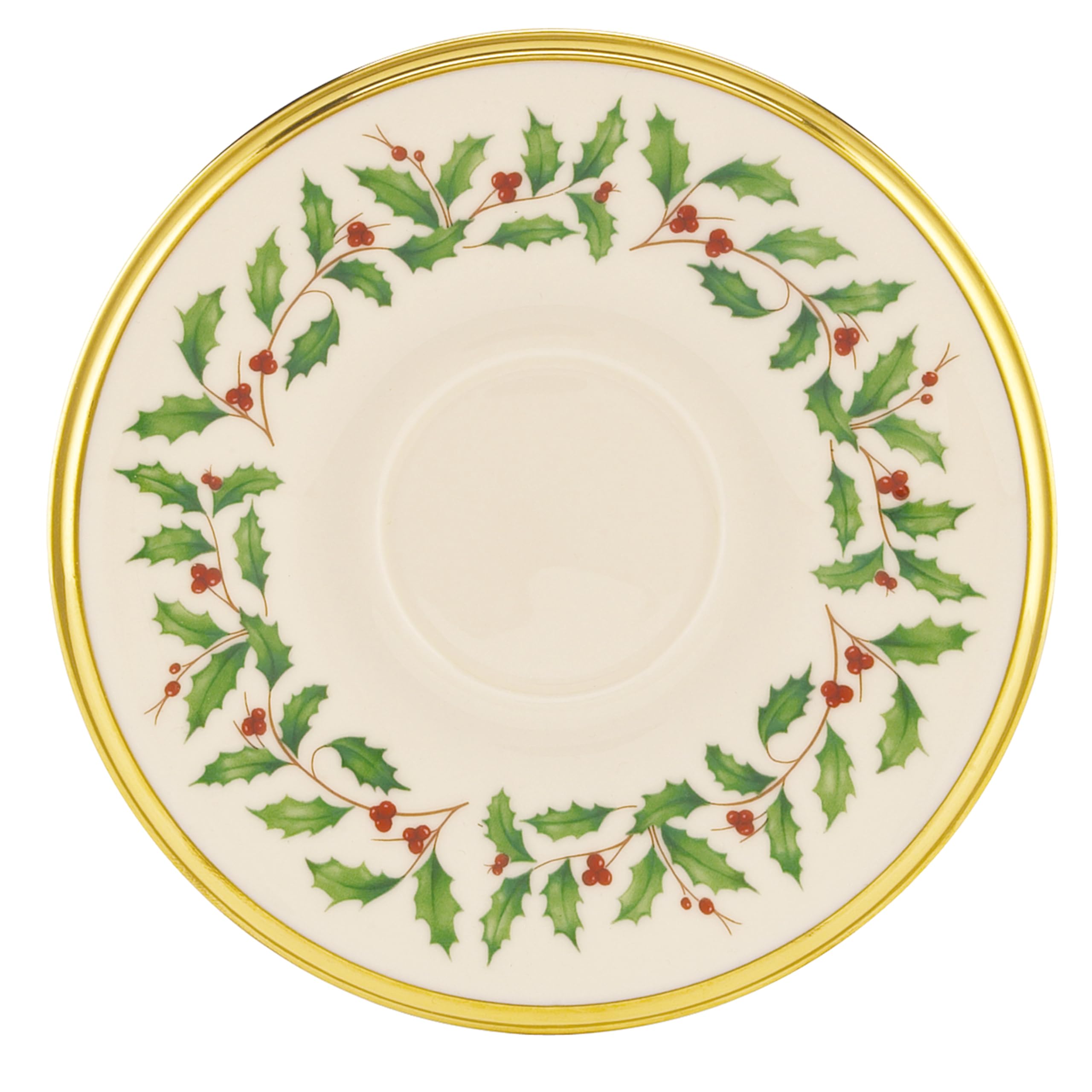 Lenox Holiday Tea Saucer with holly motif for festive table settings.