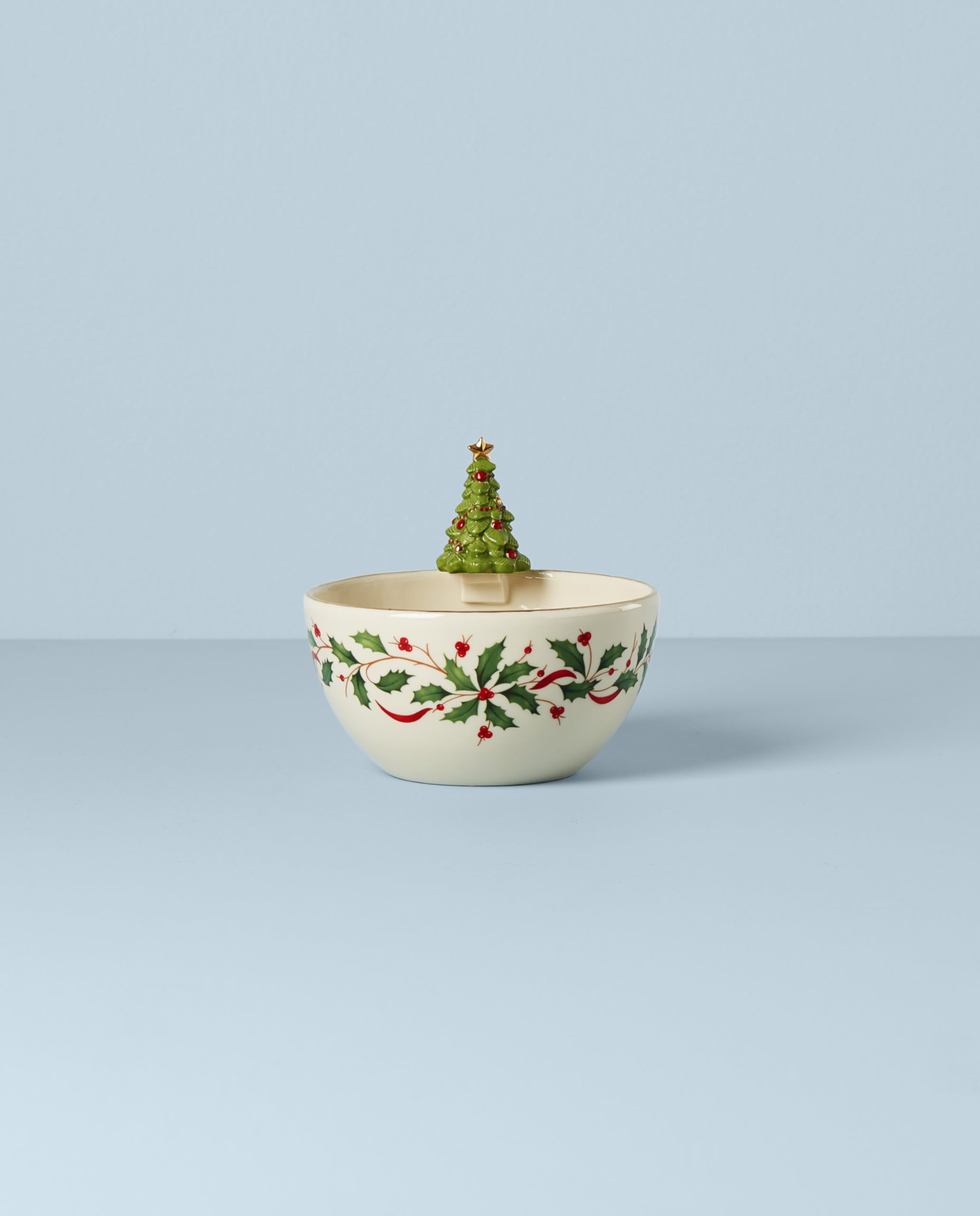 Lenox Holiday Tree Bowl highlights candy canes for holiday snacking.