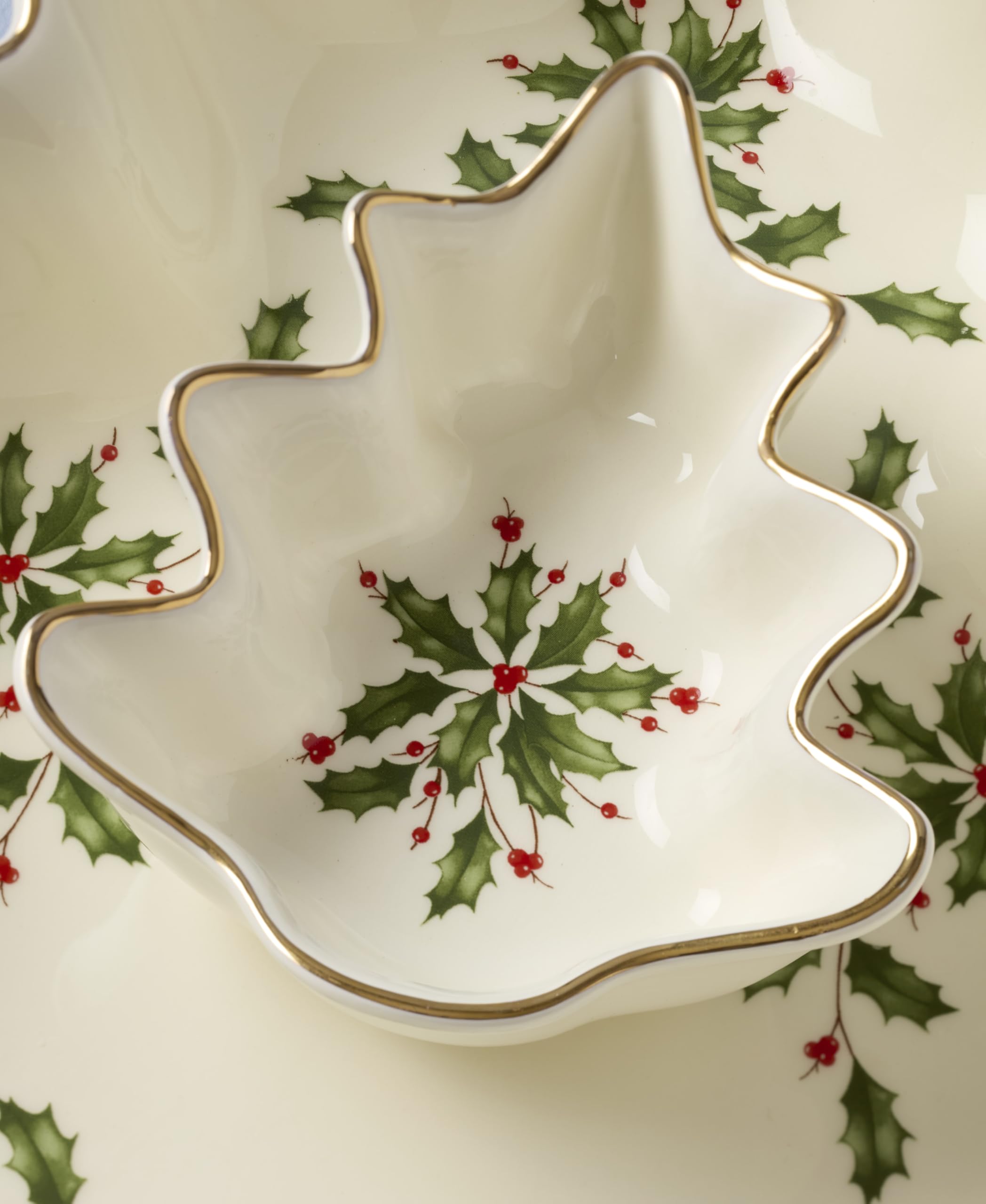 Lenox Holiday Tree dolomite dishware detail emphasizing sturdy, dishwasher-safe design.