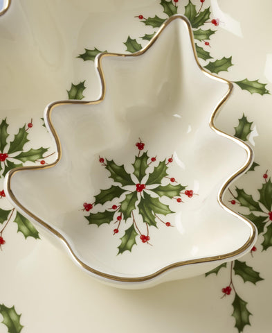 Lenox Holiday Tree dolomite dishware detail emphasizing sturdy, dishwasher-safe design.