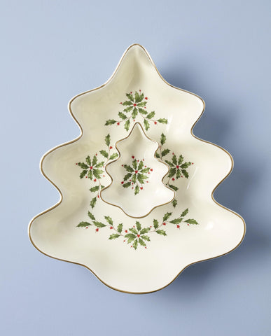 Lenox Holiday Tree serveware on a holiday table for stylish presentation.