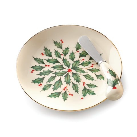 Lenox holly leaf design with gold accents enhances holiday tables.