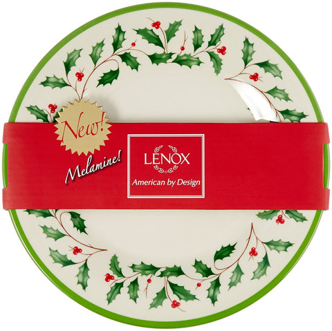 Lenox holly motif closeup on melamine plates for durable holiday dinnerware