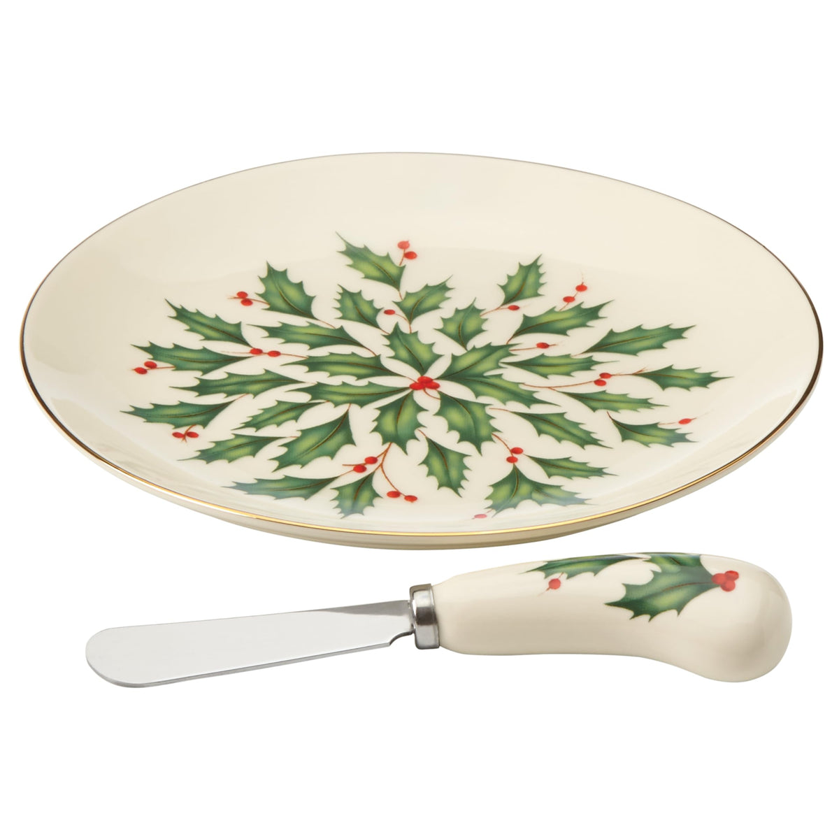 Lenox Hosting the Holidays cheese plate in ivory porcelain with holly motif and gold accents.