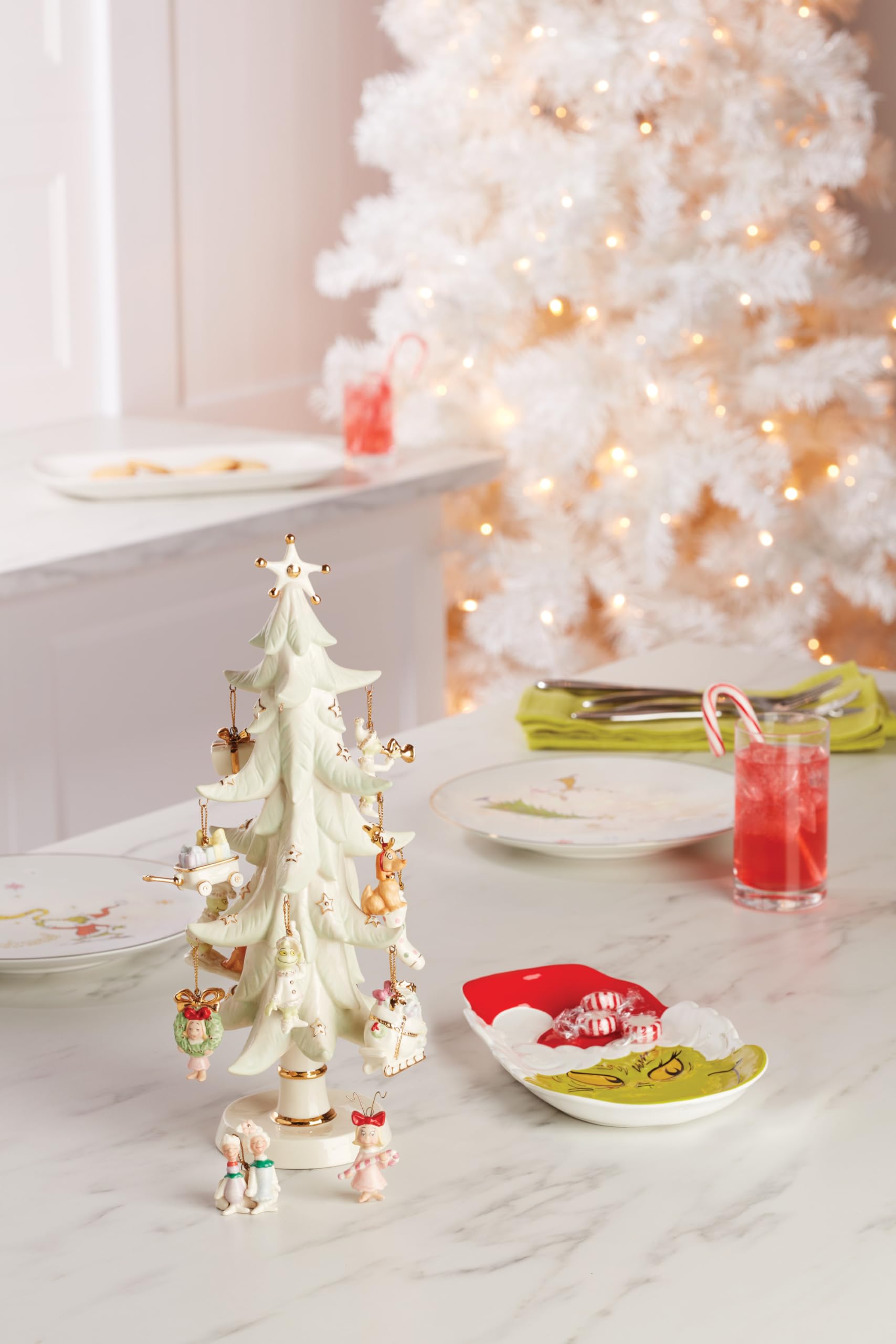 Lenox Merry Grinchmas candy dish table display ready for celebrations.