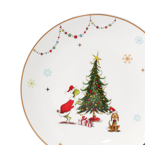 Lenox porcelain dinner plate detail with a green Grinchmas motif for everyday dining.