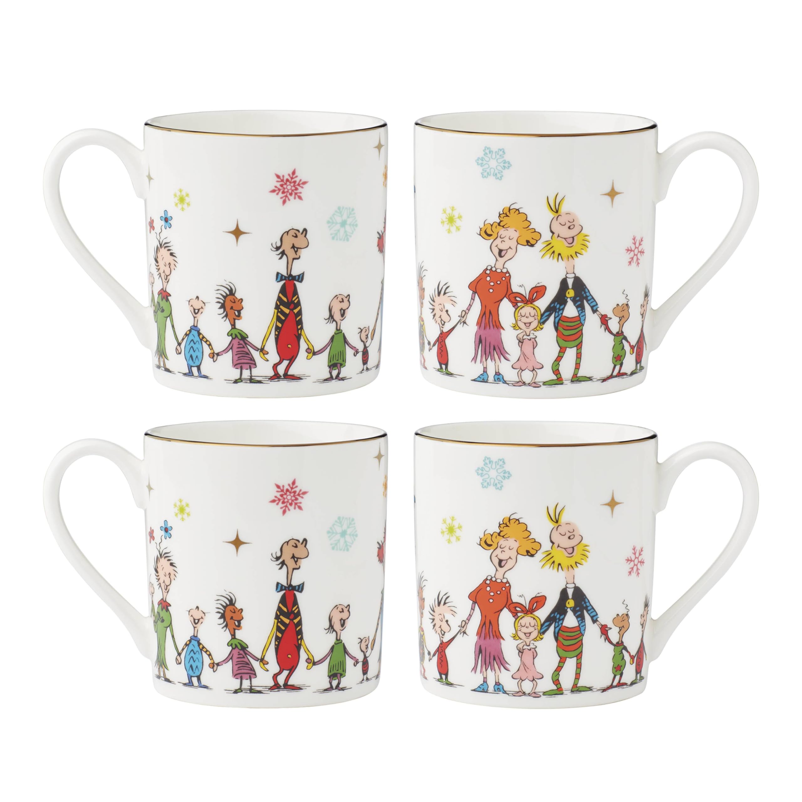 Lenox Merry Grinchmas mugs 4-pack, front view, Whoville design for cozy mornings.
