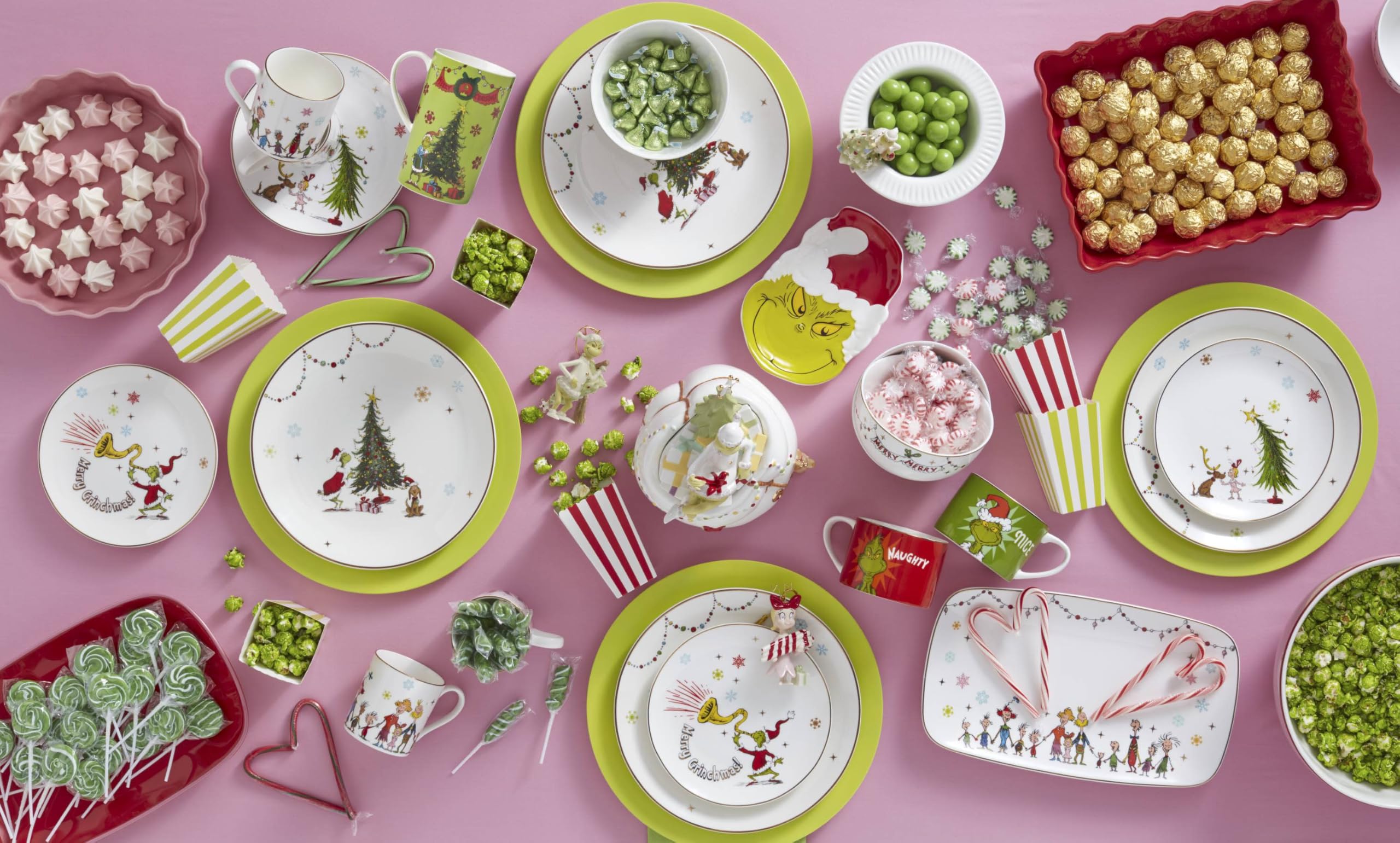 Lenox Merry Grinchmas mugs close-up, glaze and festive characters.