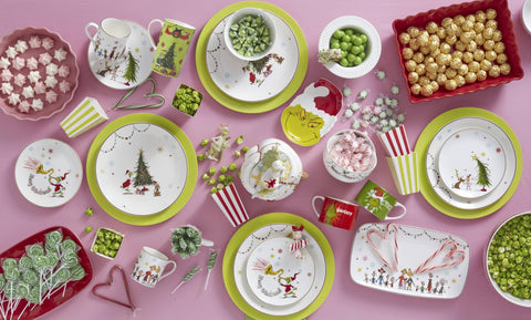 Lenox Merry Grinchmas mugs close-up, glaze and festive characters.