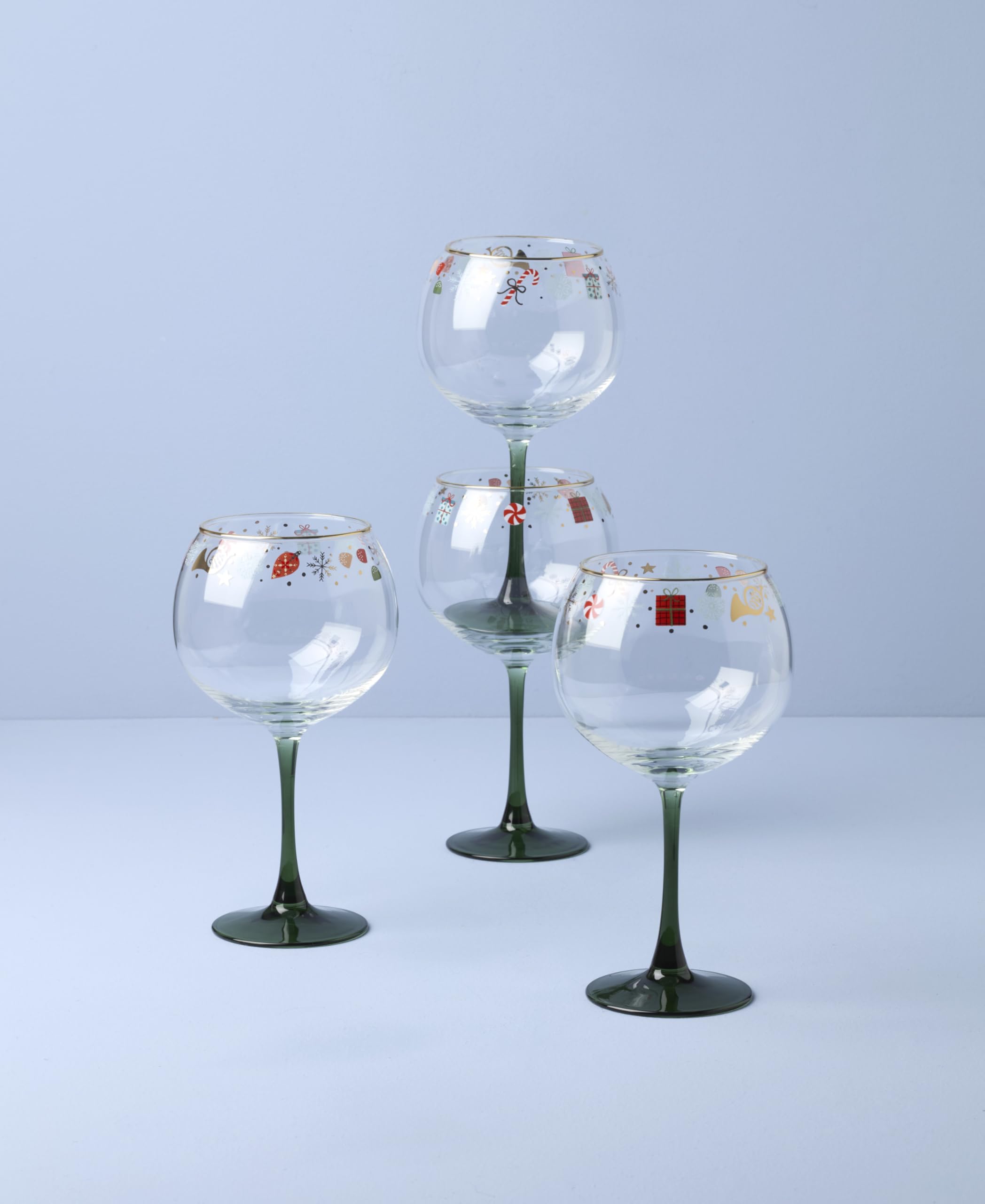 Lenox Nutcracker Ballet balloon wine glass features peppermint accents for Christmas table décor.