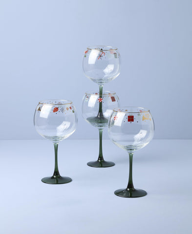 Lenox Nutcracker Ballet balloon wine glass features peppermint accents for Christmas table décor.