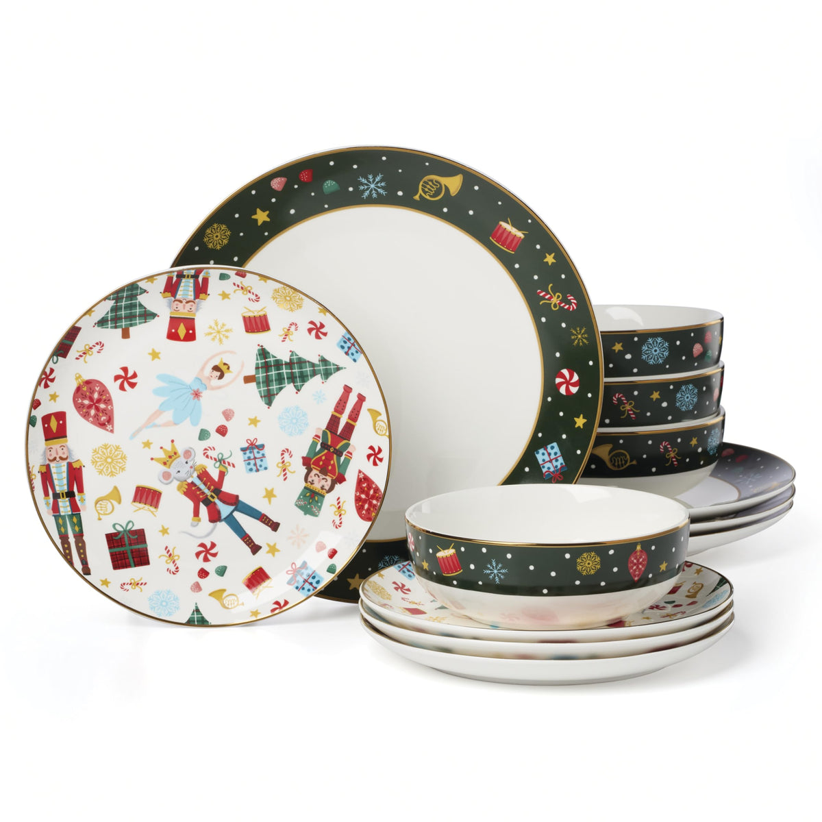 Lenox Nutcracker Ballet dinner plates with detailed motif and gold trim for festive dining