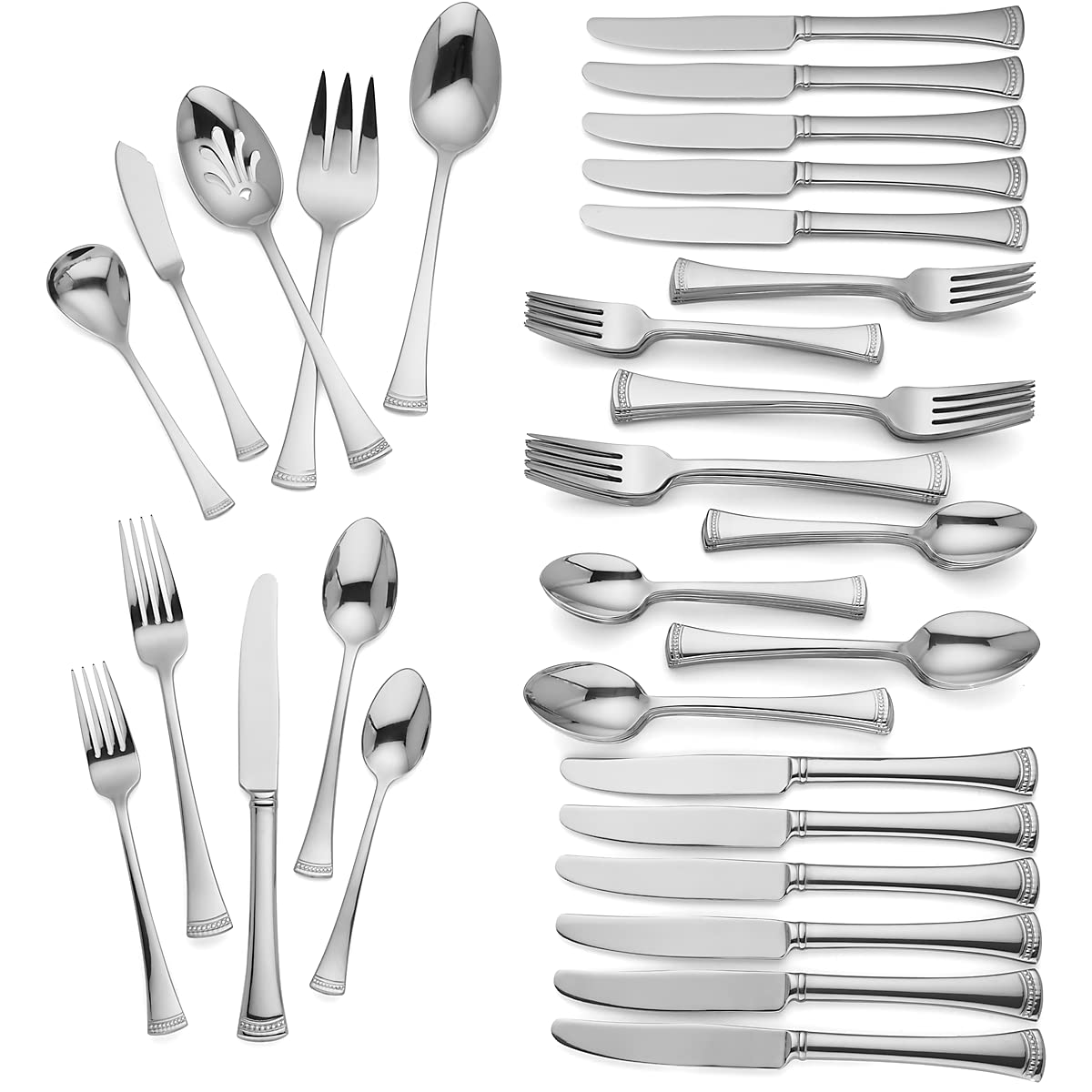 Lenox Portola 65-piece flatware set on dining table, showcasing elegant design and table presence