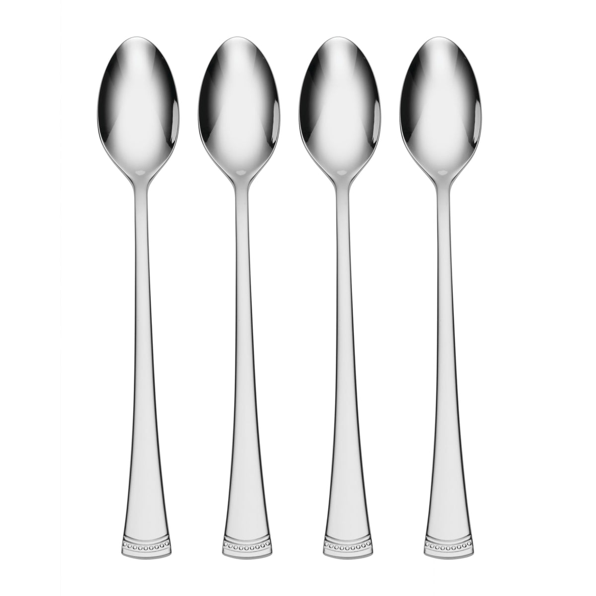 Lenox Portola iced teaspoon close-up showing flared handle and beaded base for elegant grip