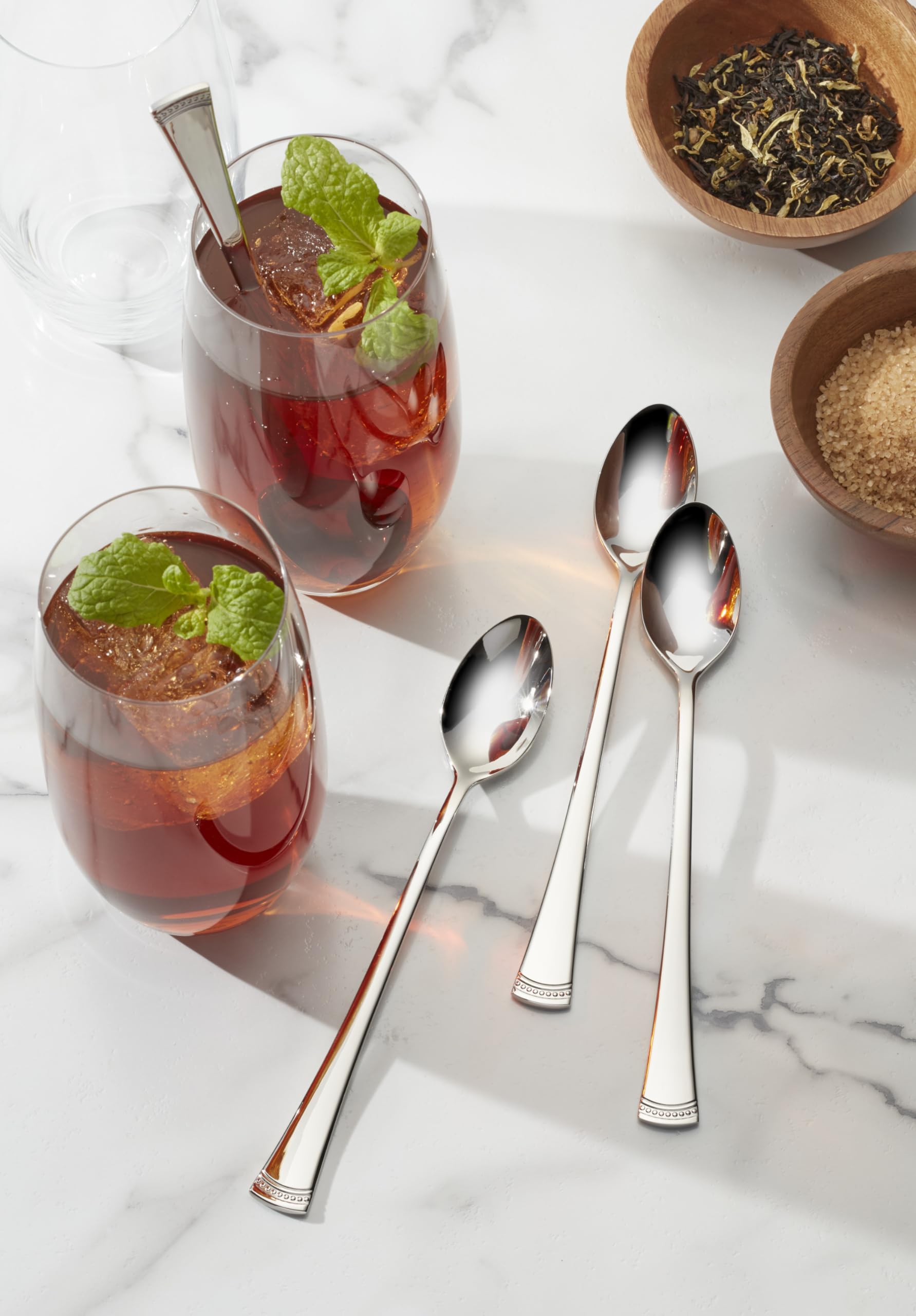 Lenox Portola iced teaspoons on a dining table showing mirror finish and table setting