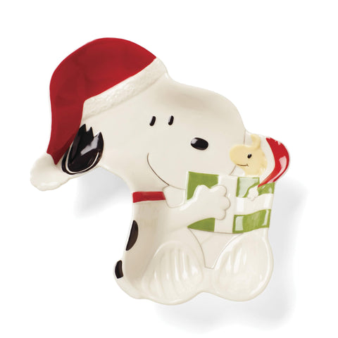 Lenox Snoopy Christmas candy dish top view highlighting festive Peanuts charm.