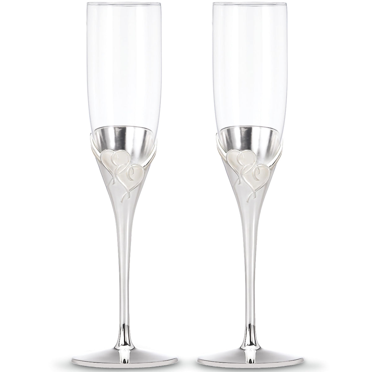 Lenox True Love flutes pair with silverplate finish, ideal for toasts.