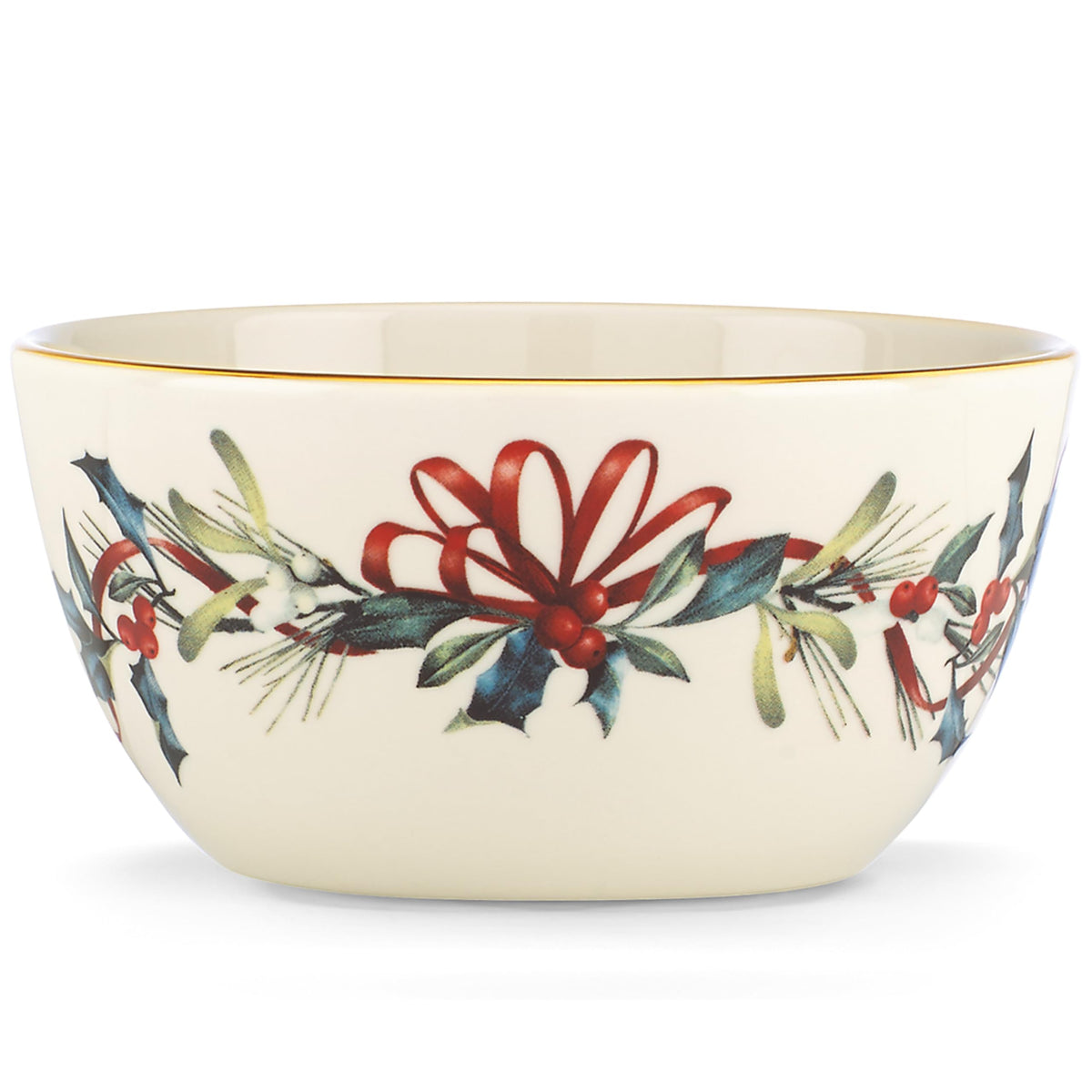 Lenox Winter Greetings bowl with holly–ivy wreath and 24K gold trim for festive hosting.