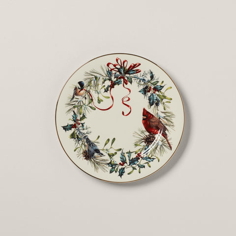 Lenox Winter Greetings plate shown on a holiday table setting for elegant hosting.