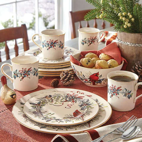Lenox Winter Greetings pattern closeup featuring birds and bows for holiday charm