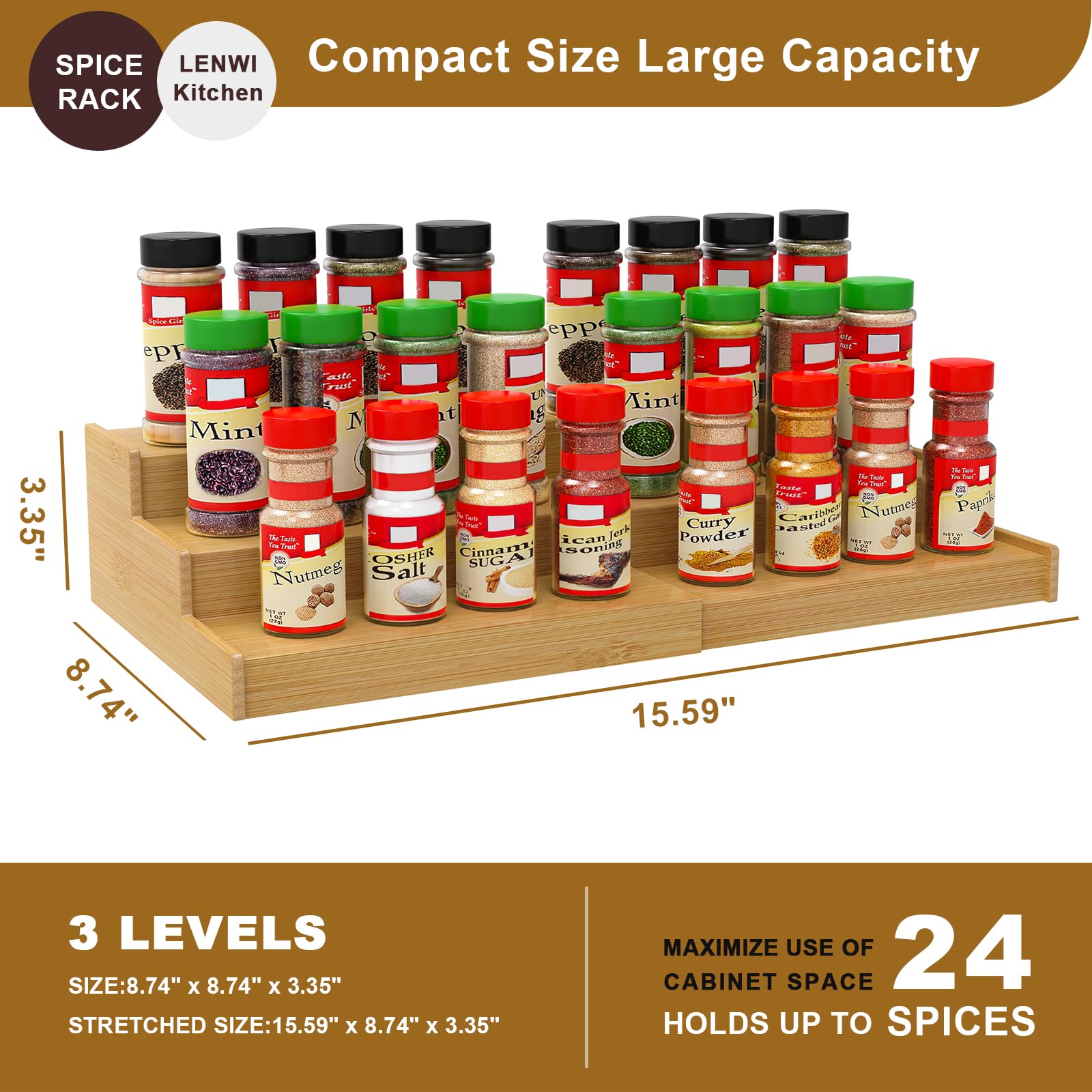 Lenwi expandable rack adjusts width for tight spaces in cabinets and pantries.