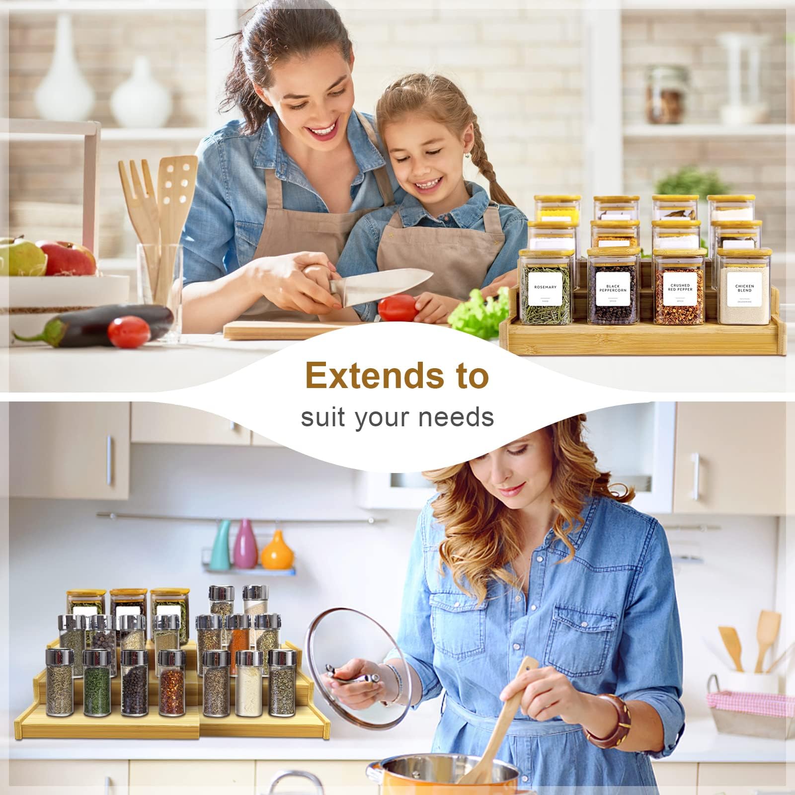 Lenwi kitchen spice rack in natural bamboo adds warmth and tidy look to shelves.