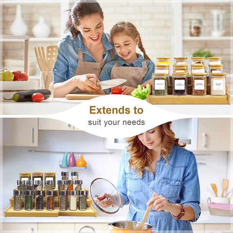 Lenwi kitchen spice rack in natural bamboo adds warmth and tidy look to shelves.
