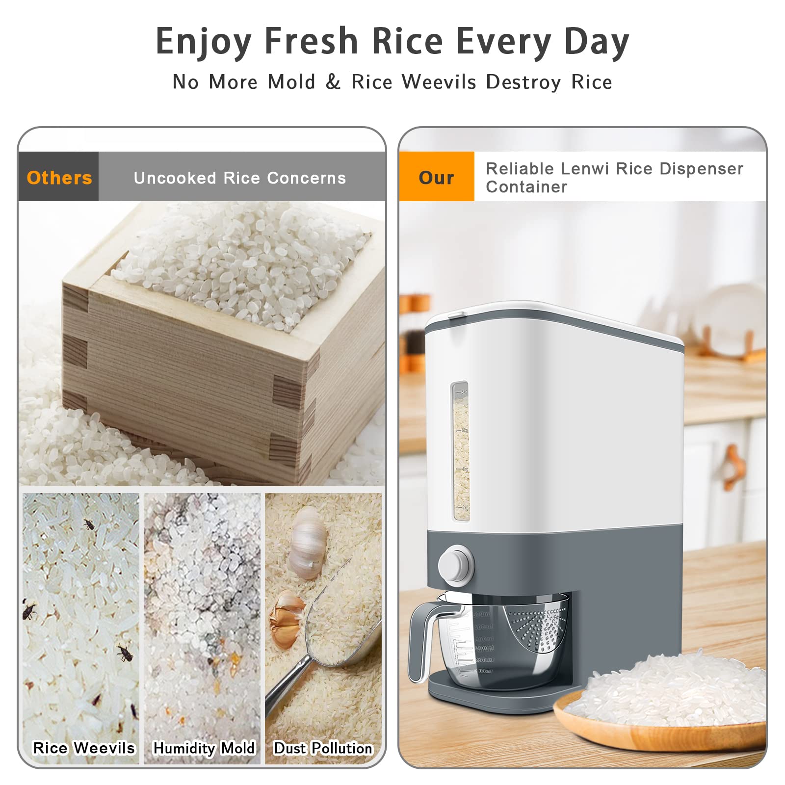 Lenwi rice dispenser close-up highlights airtight sealing