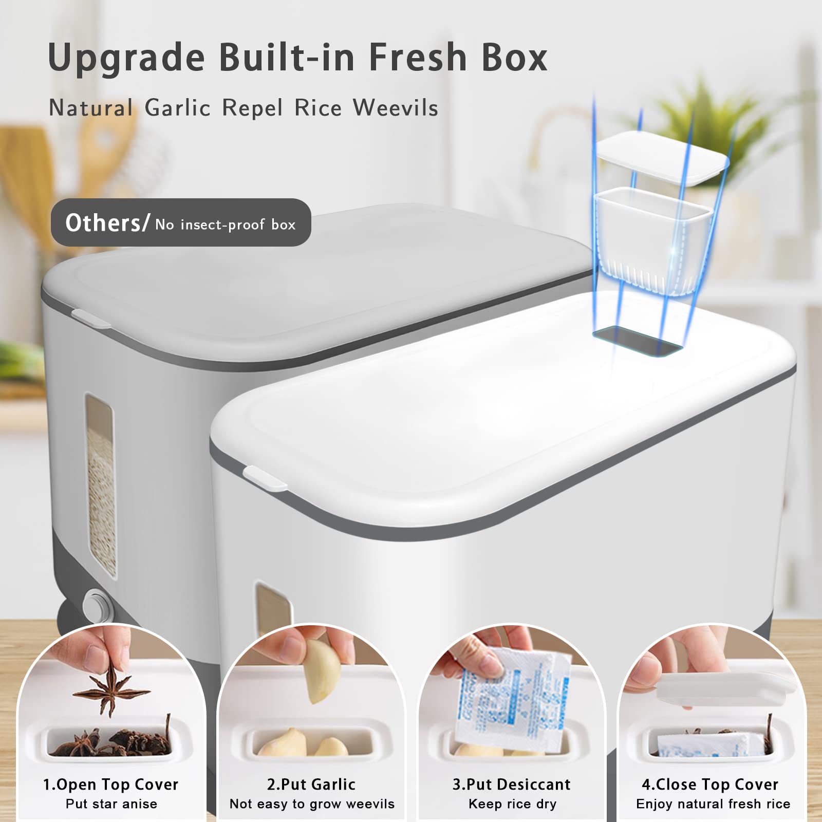 Lenwi grey rice dispenser on kitchen counter saves space