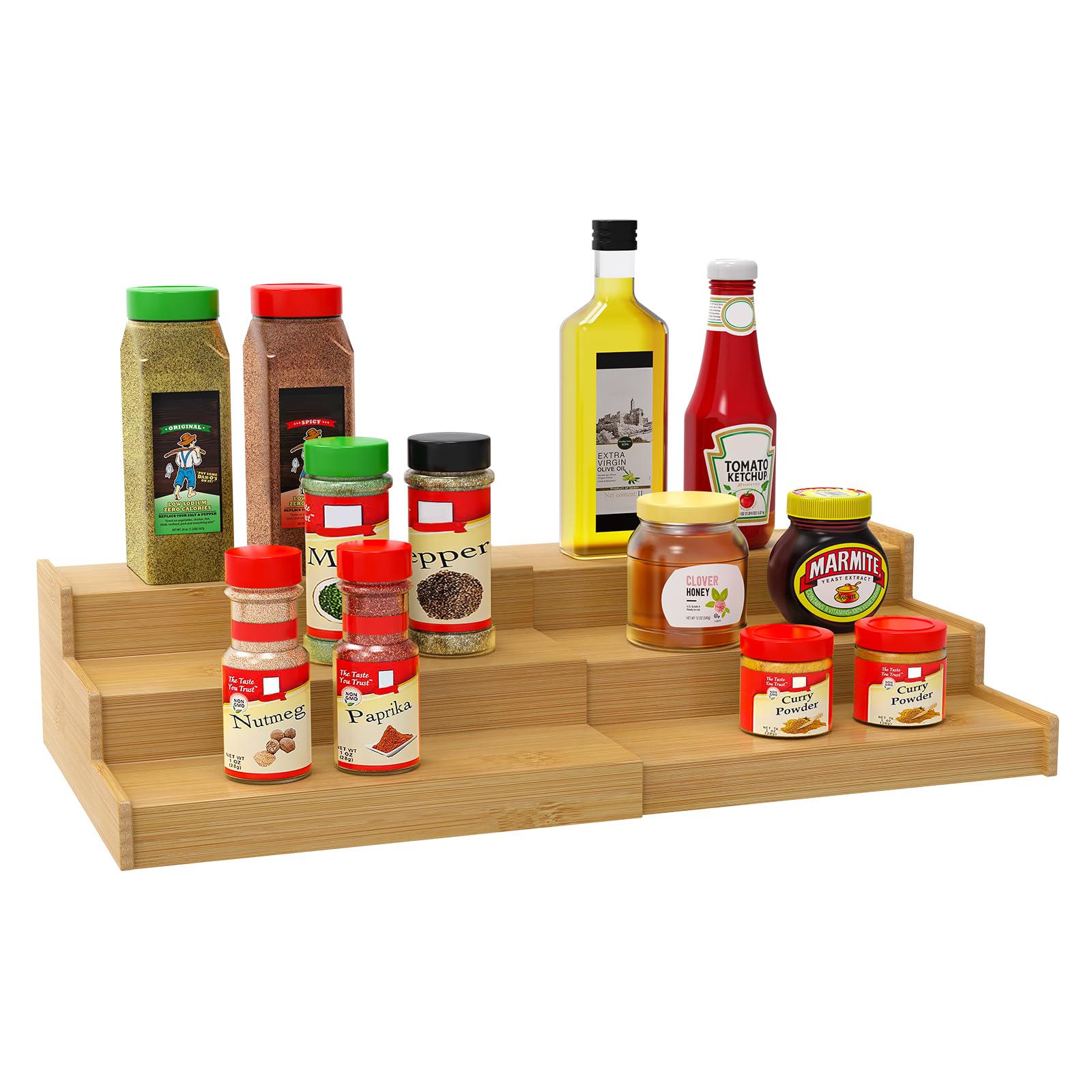 Lenwi bamboo spice rack 3-tier extendable keeps jars visible and within easy reach.