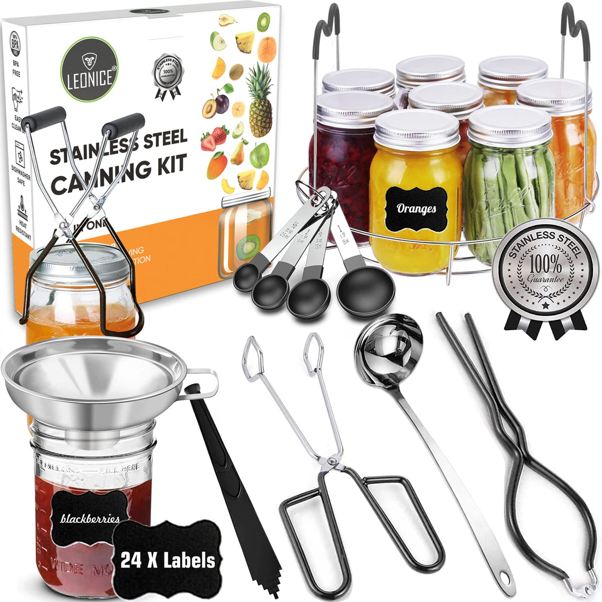 LEONICE canning rack and ladle for safe, efficient batch prep.