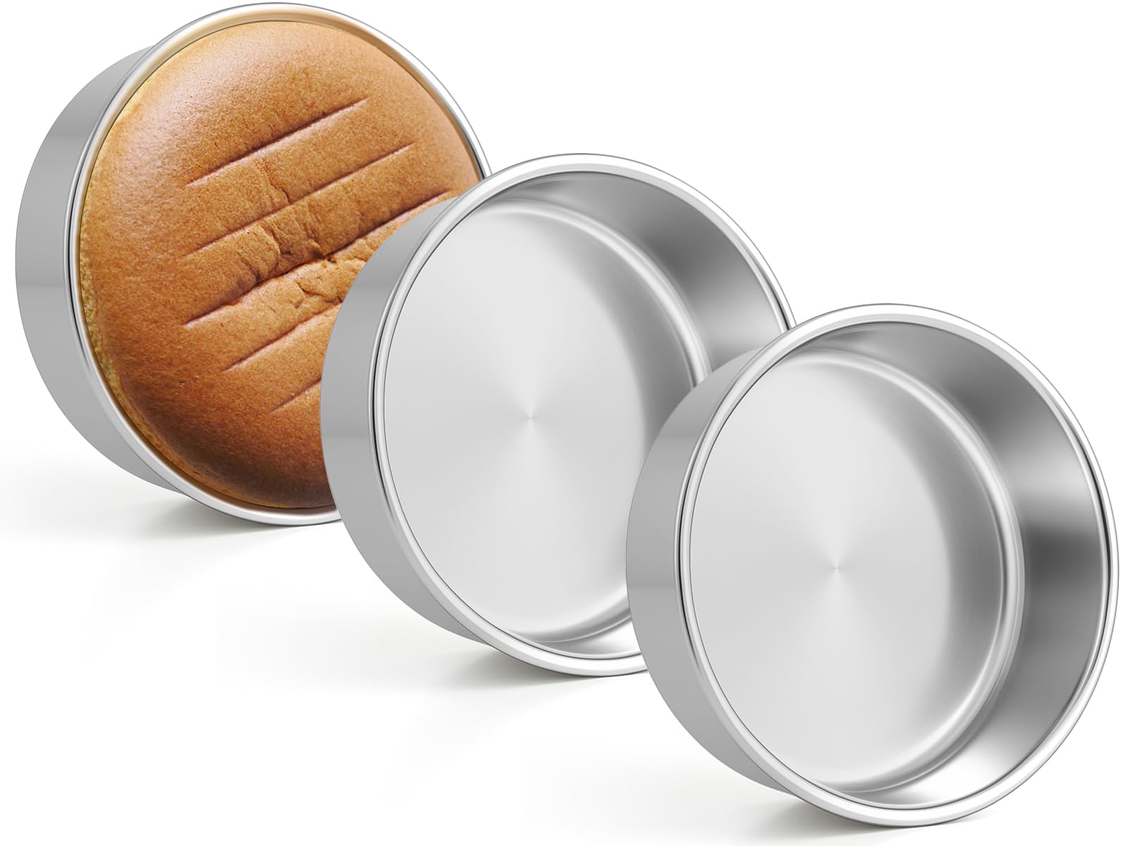 Leonyo 6in round cake pans set, top view, sturdy stainless steel for reliable baking.