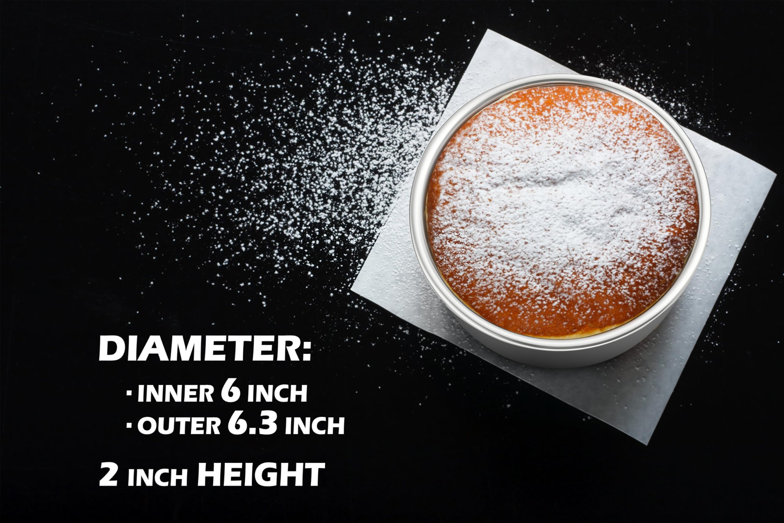 Leonyo 6in round cake pans, side wall detail, even heat distribution for level cakes.