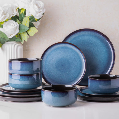 LERATIO ceramic dinner plates for 4 with vibrant blue glaze, ideal for family dinners.