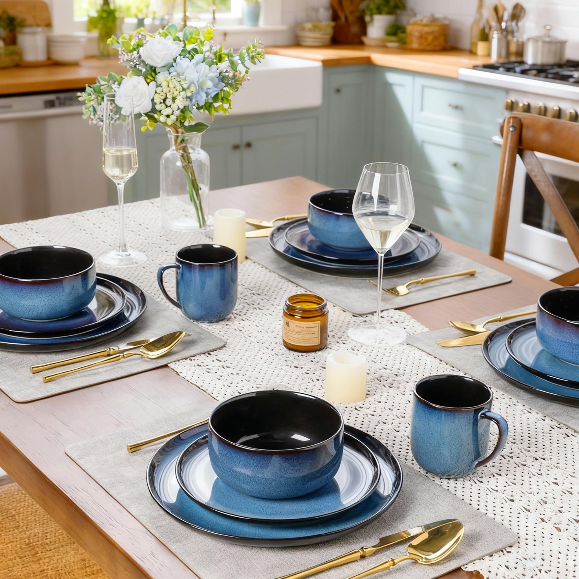 LERATIO blue dinnerware set elevates table aesthetics for family meals.