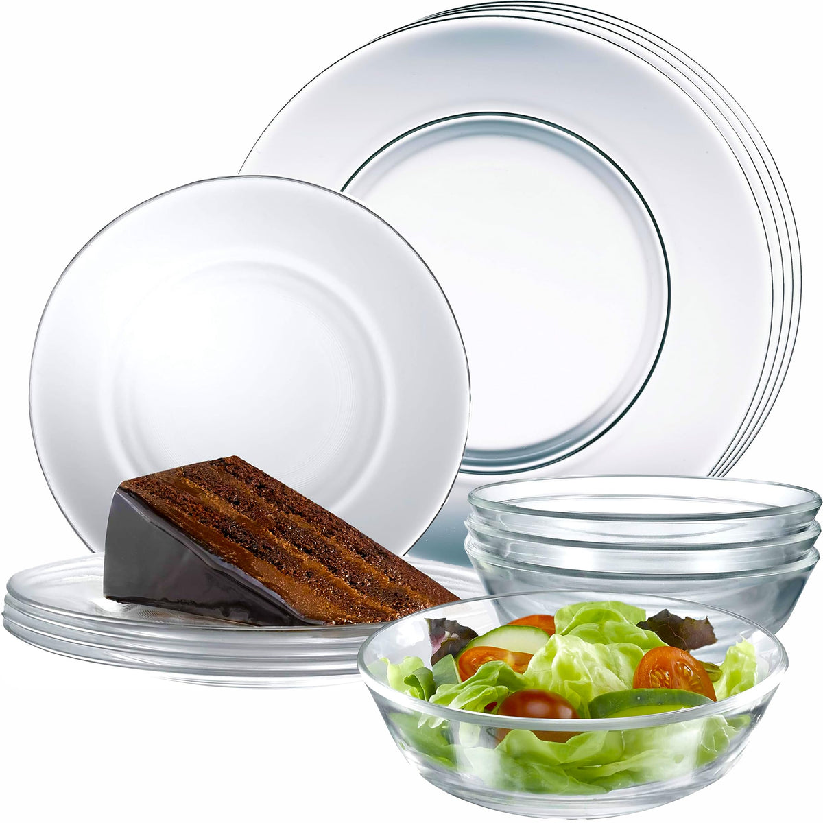 Le'raze 12pc glass dinnerware set: dinner plates on table, dishwasher-safe and elegant.