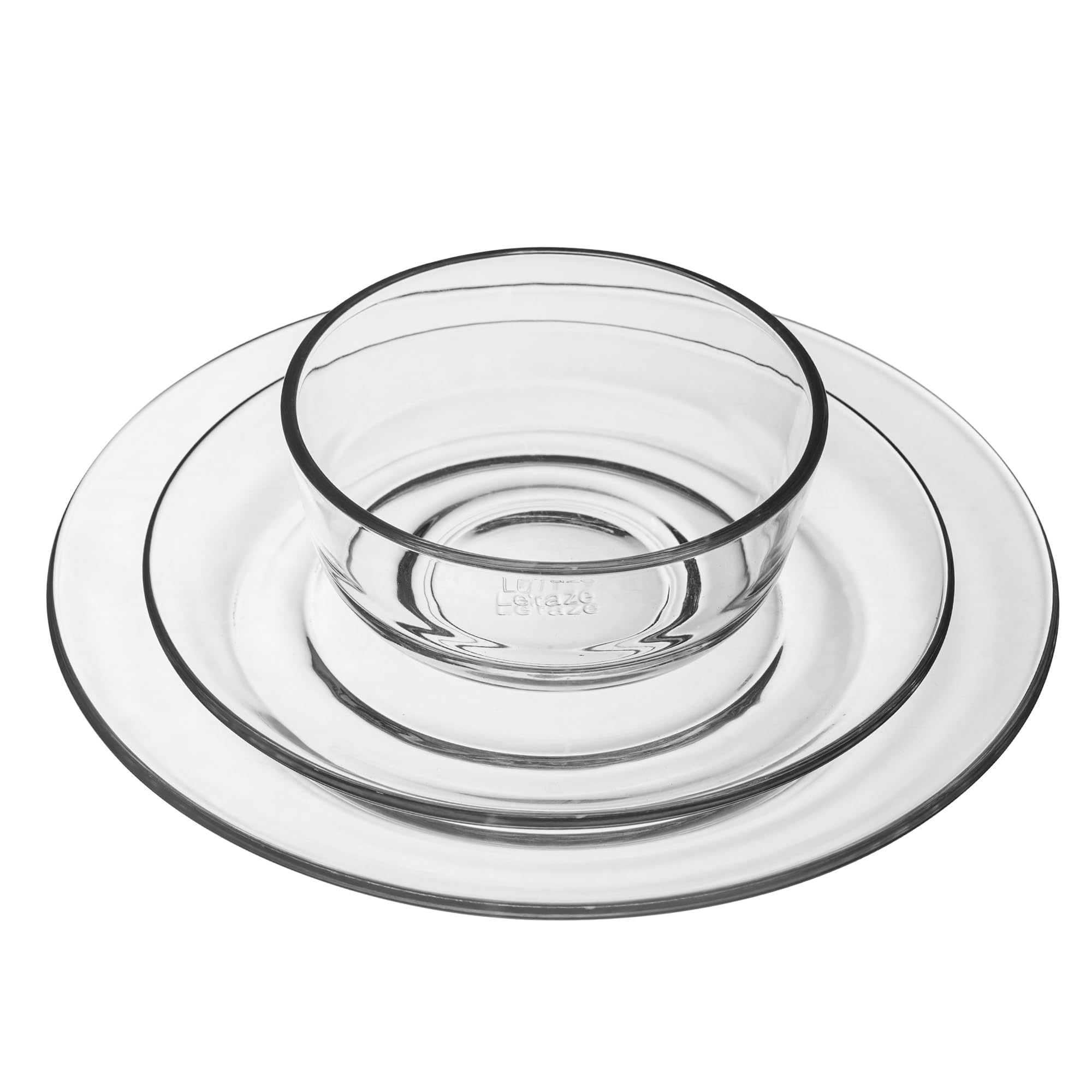 Le'raze glass plates and bowls in kitchen ready for serving meals.