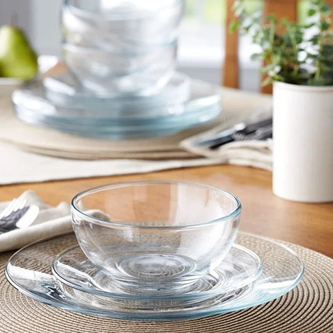 Le'raze glass salad plates arranged with meal, ideal for everyday dining.