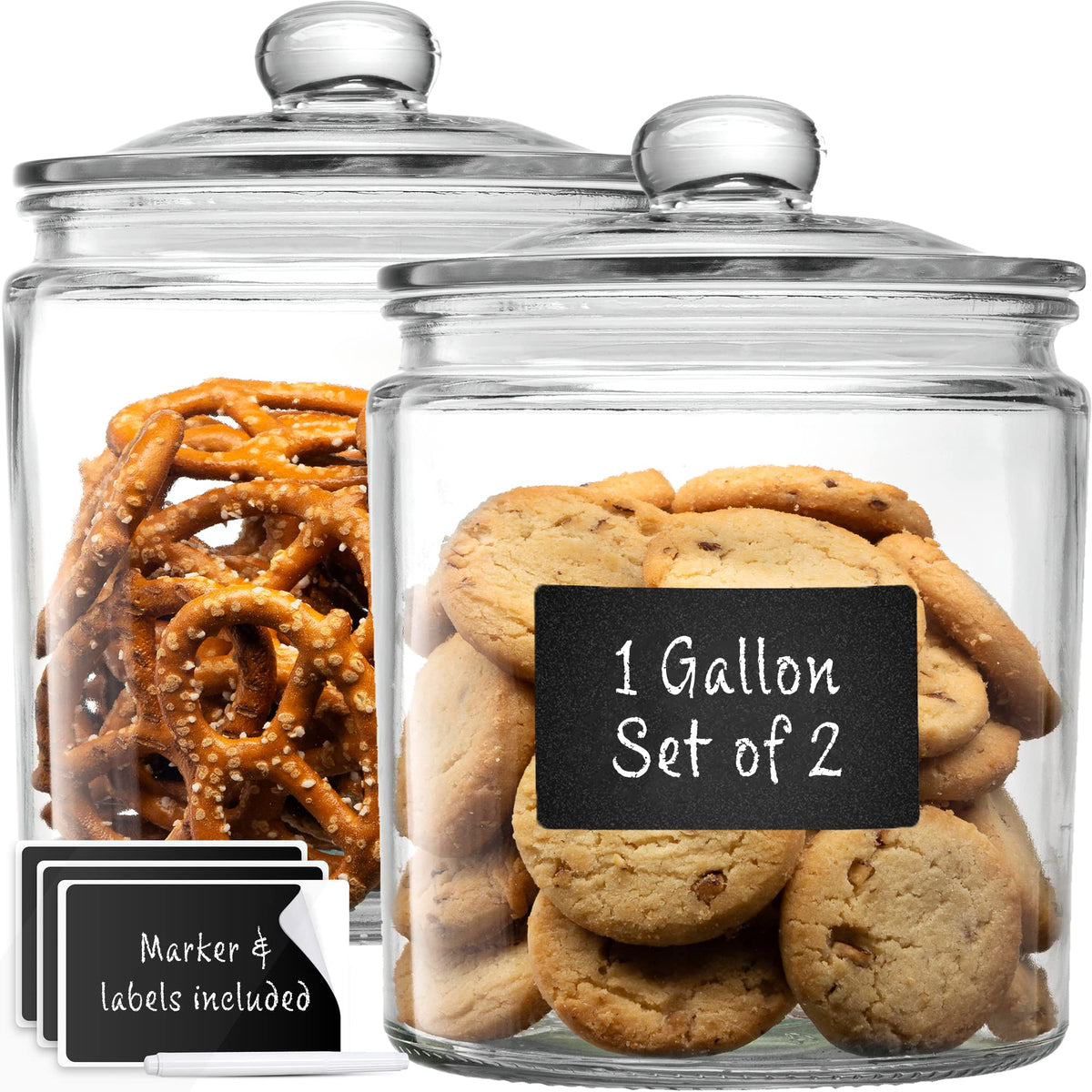 Le'raze 1-gallon glass cookie jar with lid closed, ideal for pantry organization.