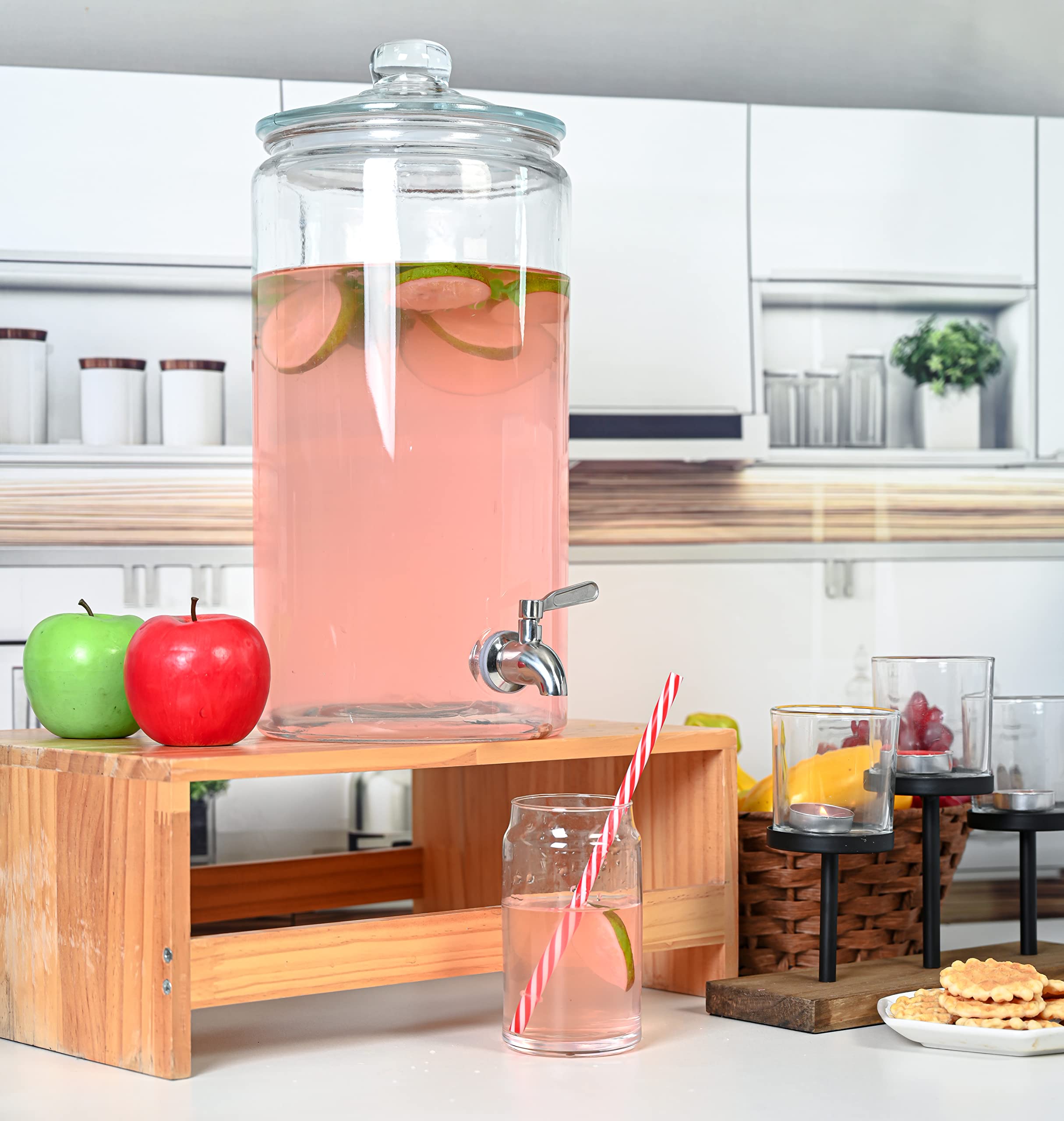 Le'raze dishwasher-safe glass dispenser simplifies cleanup after events.