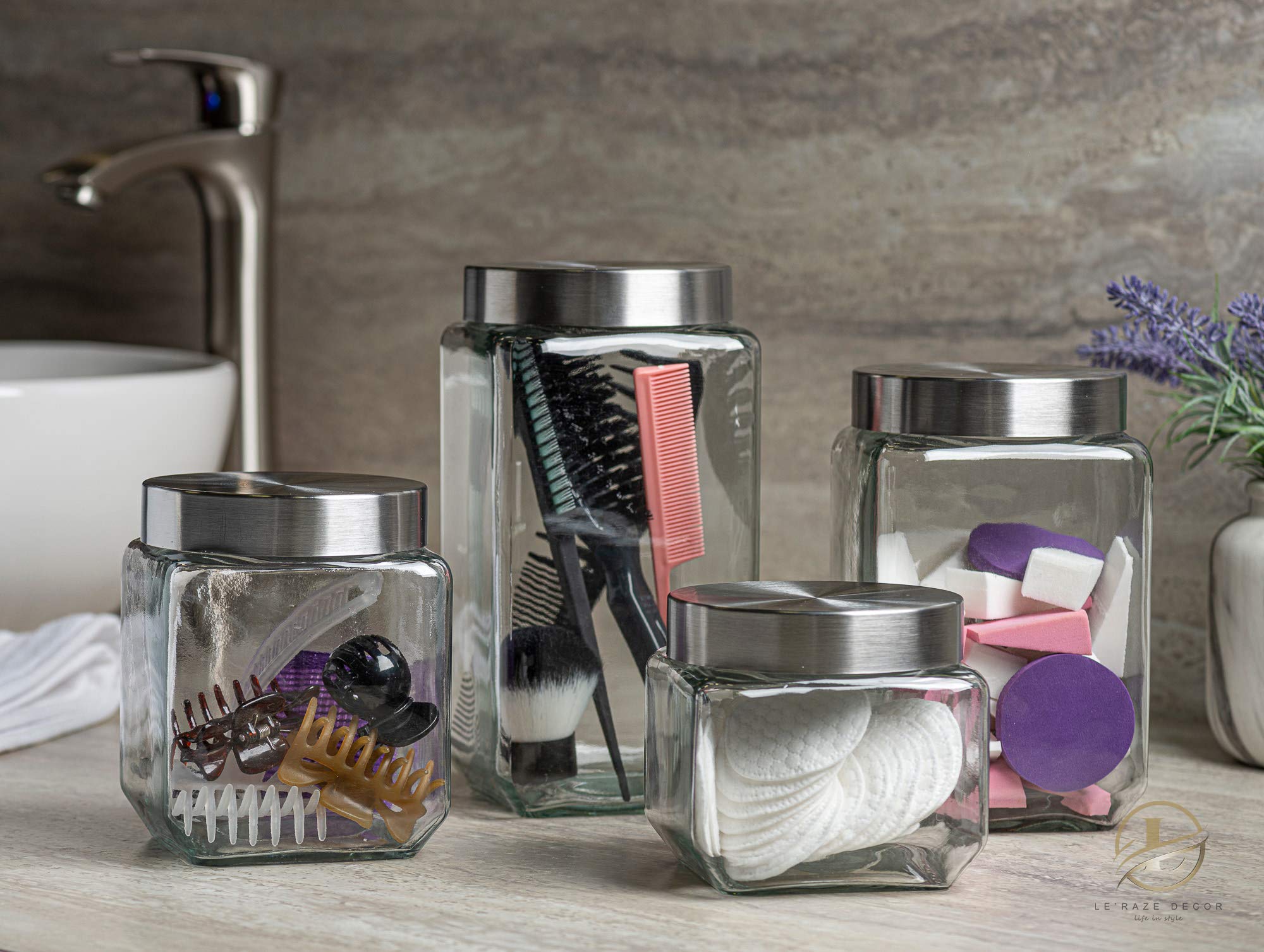 Le'raze glass jars shown as dishwasher-safe for easy cleaning