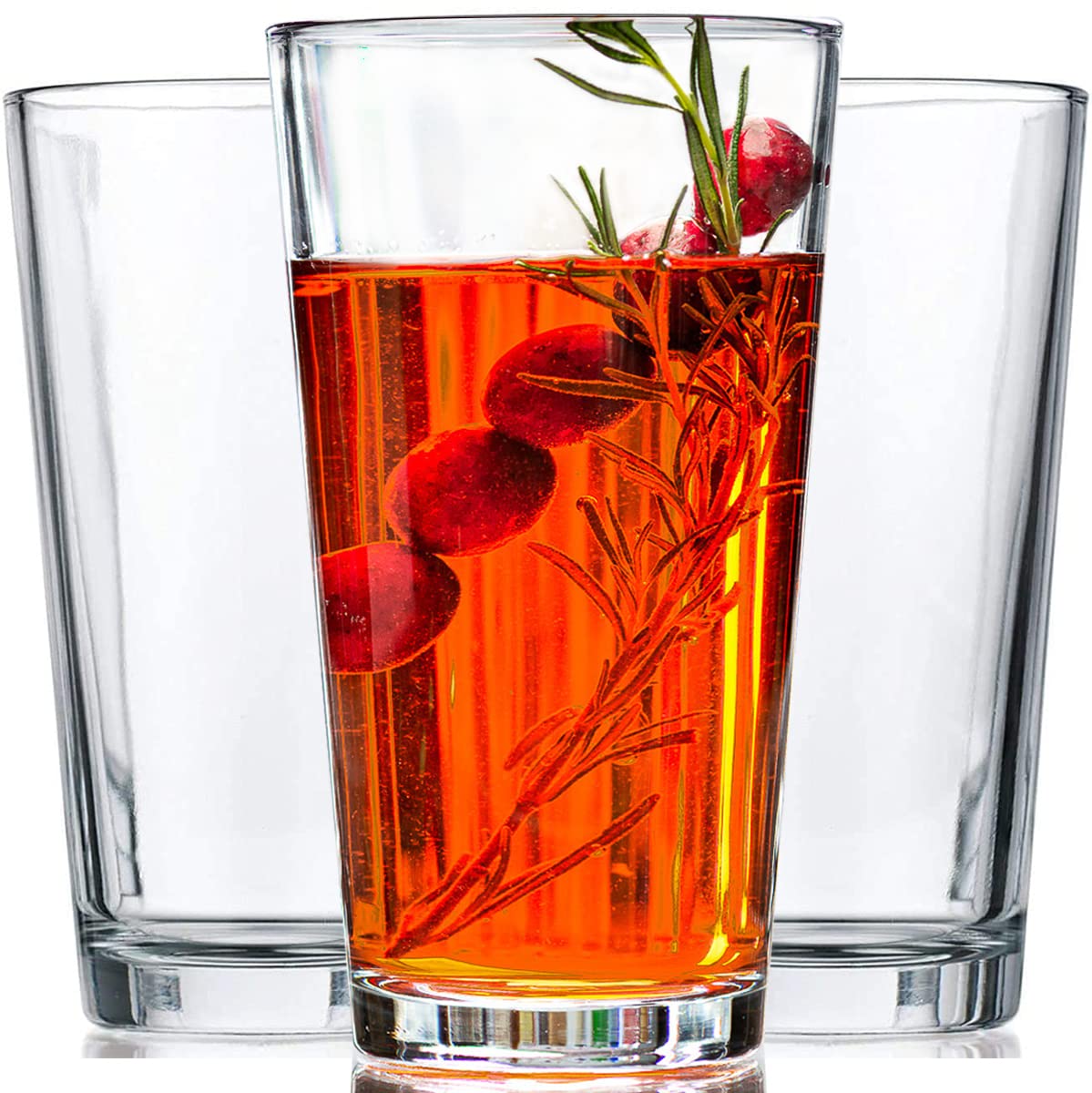 Le'raze 16oz drinking glasses with heavy base for stable cocktails and water.