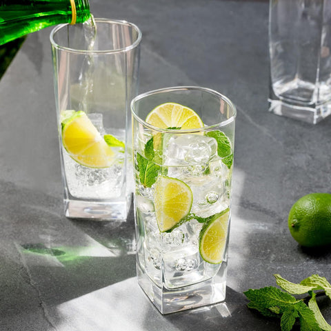 Le'raze elegant square-cut glass catches light for impressive table presentation.
