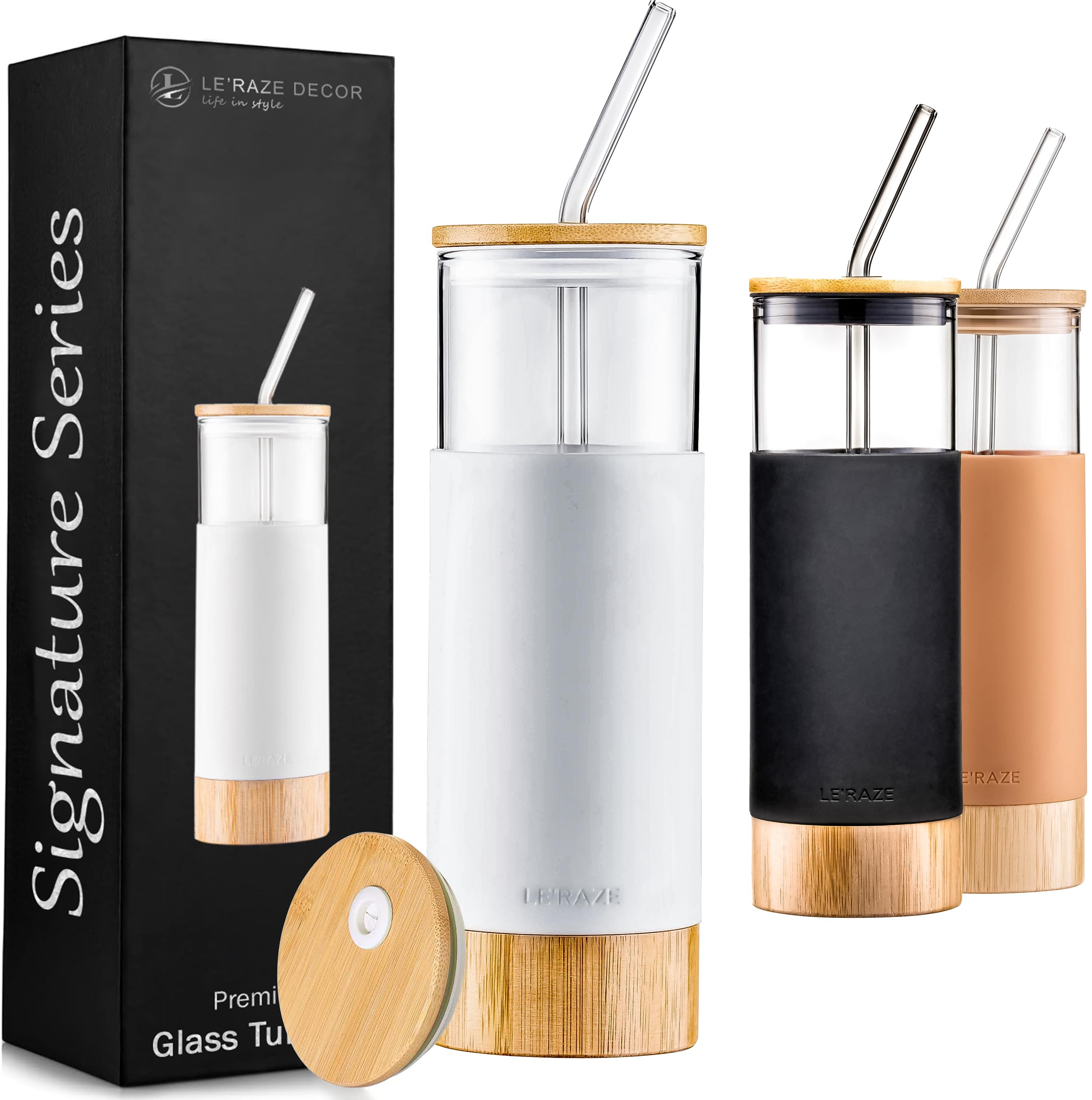 Le'raze premium 20oz glass tumbler with bamboo lid for everyday, eco-friendly hydration.