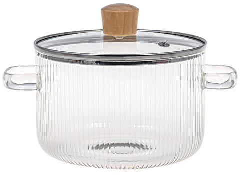 Le'raze Ribbed Glass Pot in kitchen, ideal for soups and sauces.
