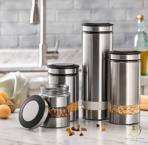 Le'raze satin-finish stainless steel canister showcases a durable, odor-free storage.