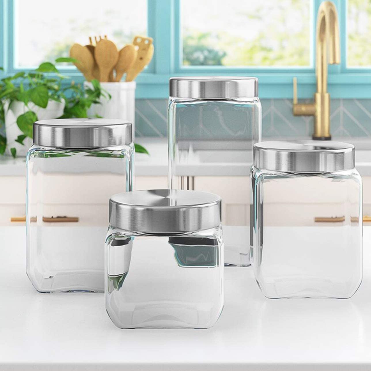 Le'raze four-pack canister set with airtight lids on a countertop